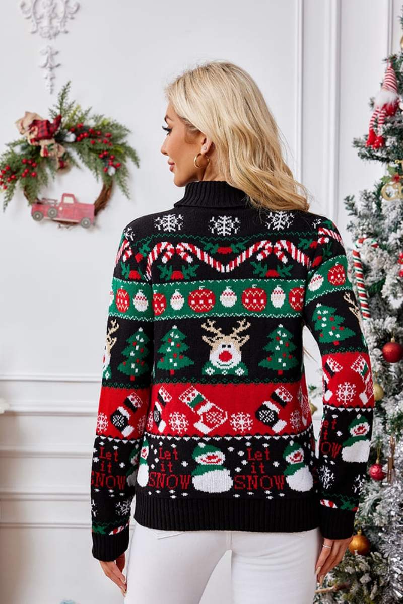 Weihnachtspullover Mit Hohem Kragen Und Schneemann-Stickerei