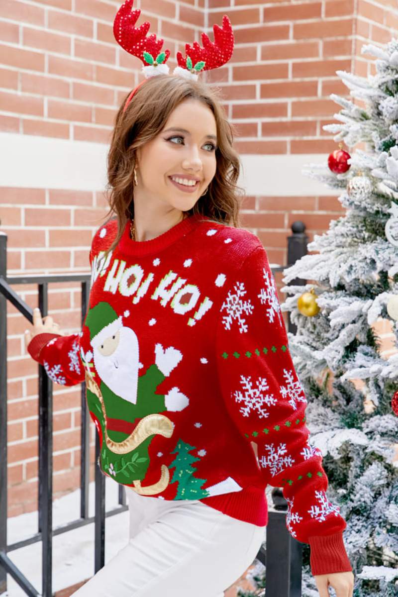Lässiger Pullover Mit Rundhalsausschnitt Und Weihnachtsmann-Stickerei