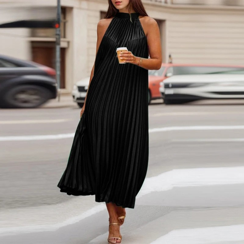 Plissiertes, Schlichtes, Ärmelloses Langes Kleid