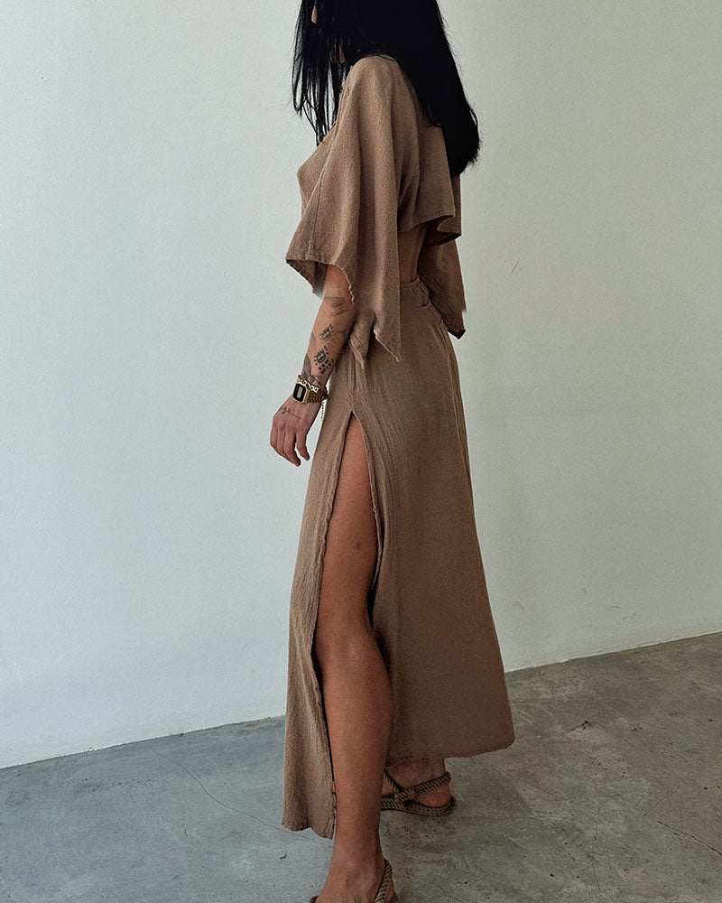 Elegantes Maxikleid Mit Tiefem Schlitz Und V-Ausschnitt