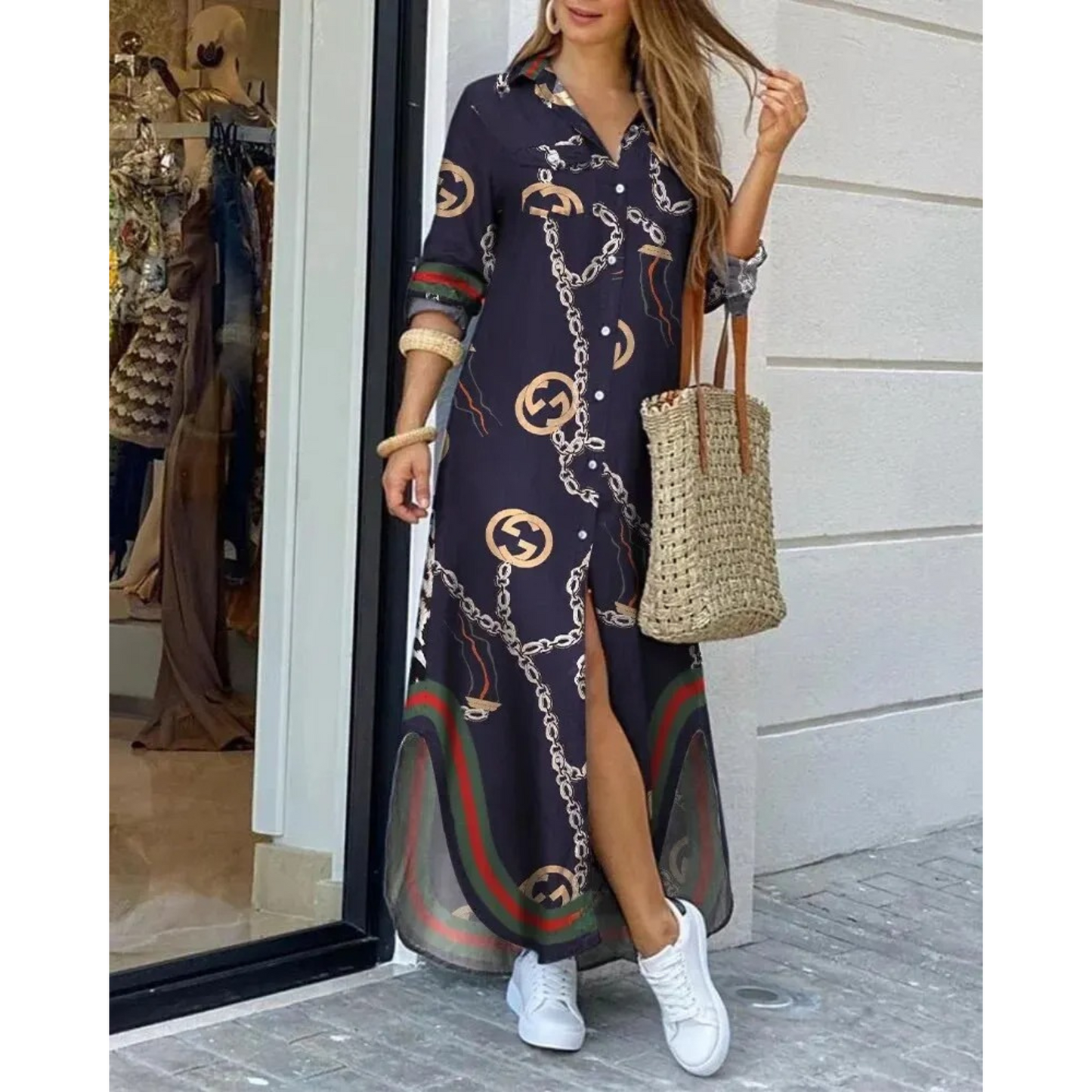 Maxikleid Mit Hemdkragen Und Schlitz