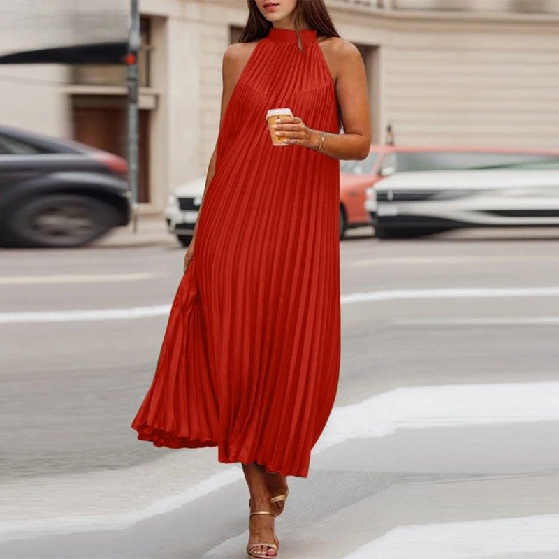 Plissiertes, Schlichtes, Ärmelloses Langes Kleid