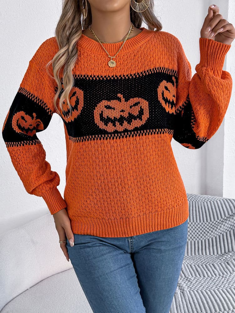 Strickpullover Mit Rundhalsausschnitt Und Farbblockdesign İm Kürbismuster
