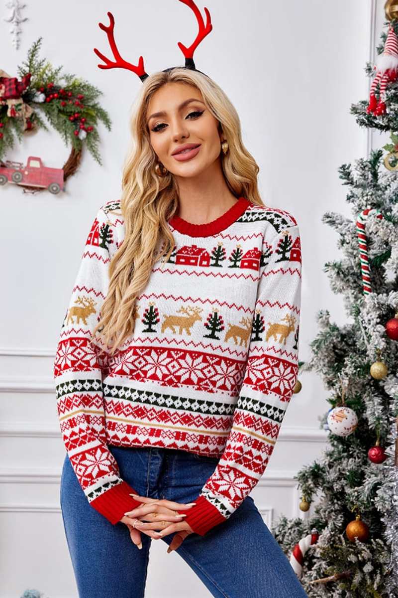 Weihnachtspullover Mit Rundhalsausschnitt Und Stickerei