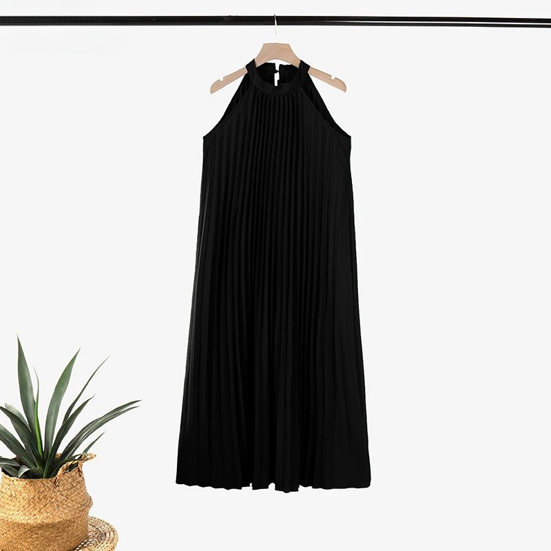 Plissiertes, Schlichtes, Ärmelloses Langes Kleid