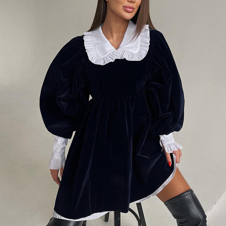 Elegantes Minikleid İm Französischen Stil Mit Hohem Kragen