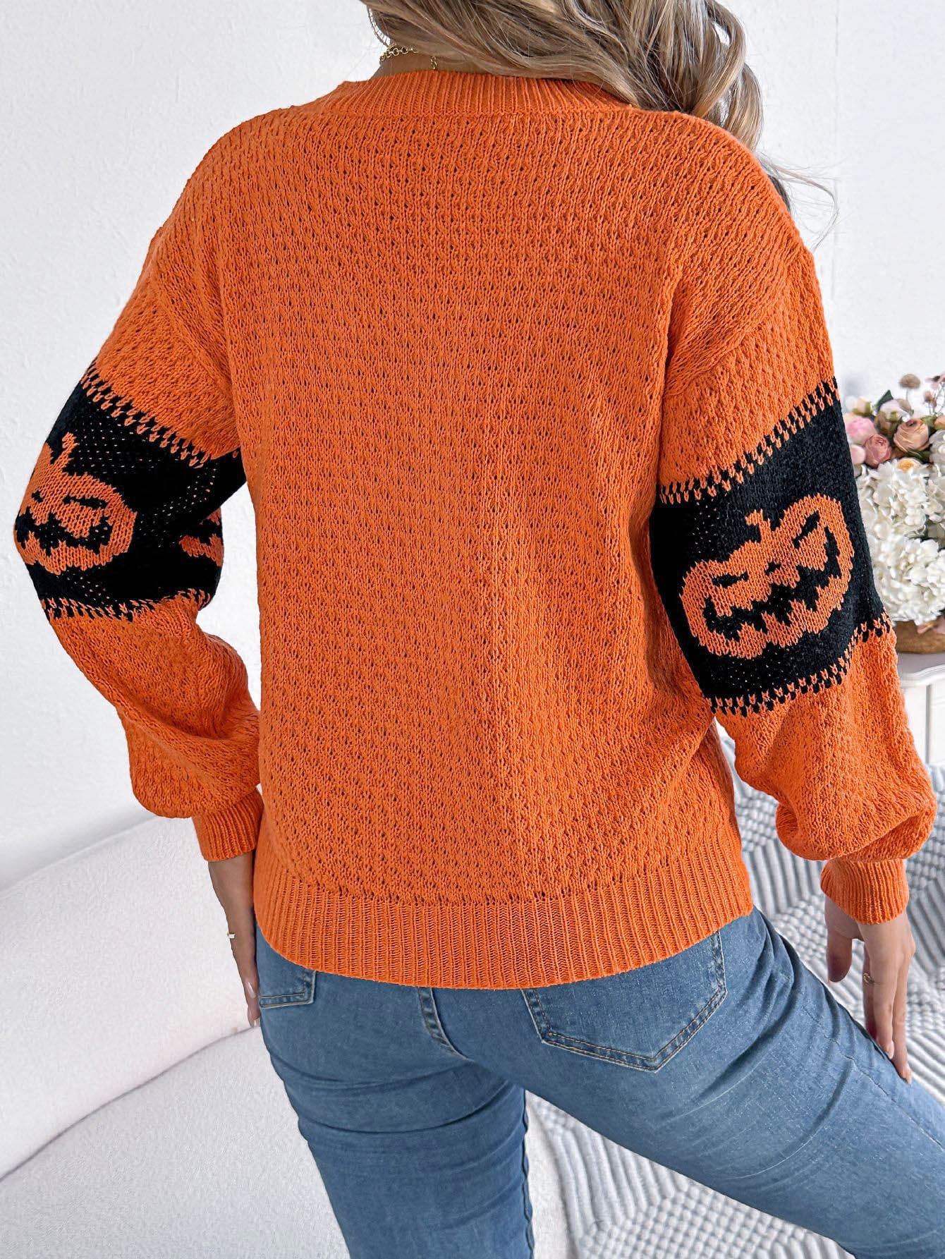 Strickpullover Mit Rundhalsausschnitt Und Farbblockdesign İm Kürbismuster