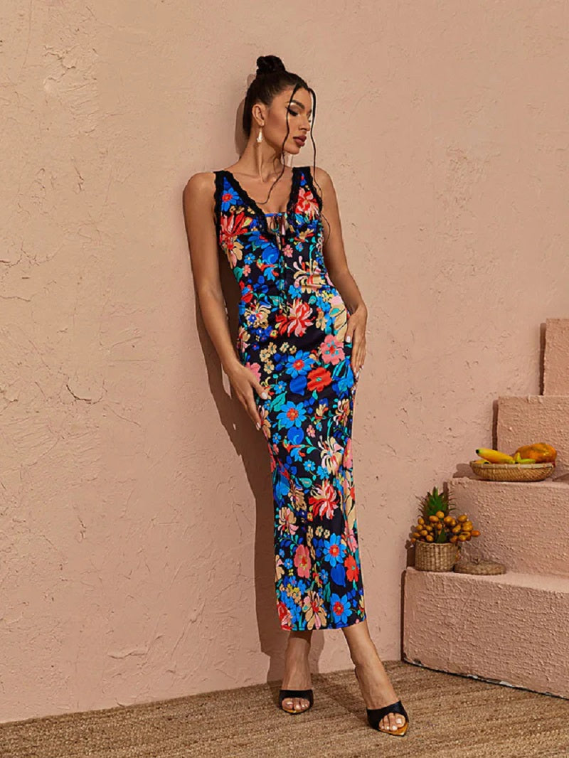 Elegantes Midikleid Mit V-Ausschnitt Und Blumenmuster