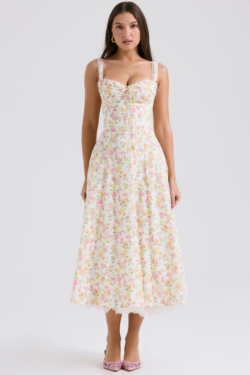 Midikleid Mit Spaghettiträgern Und Blumenmuster