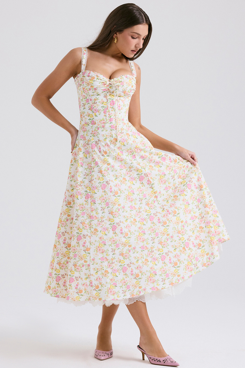 Midikleid Mit Spaghettiträgern Und Blumenmuster