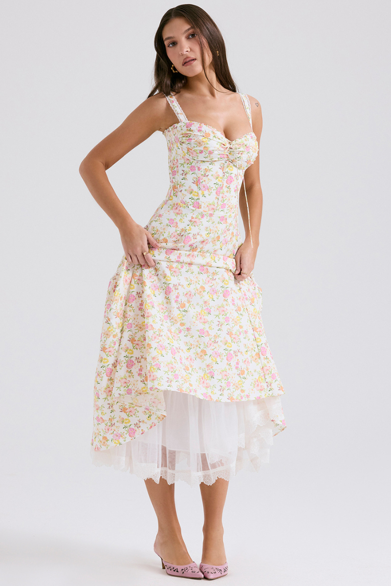 Midikleid Mit Spaghettiträgern Und Blumenmuster