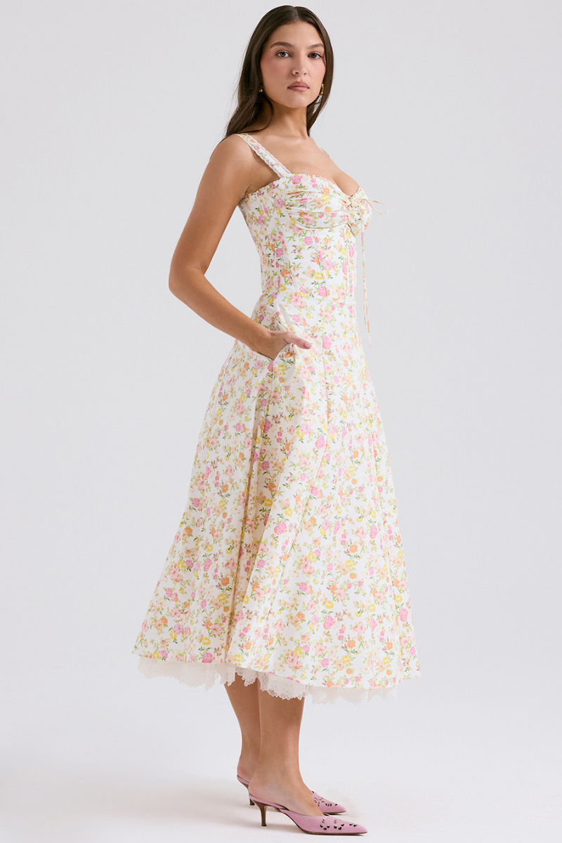 Midikleid Mit Spaghettiträgern Und Blumenmuster