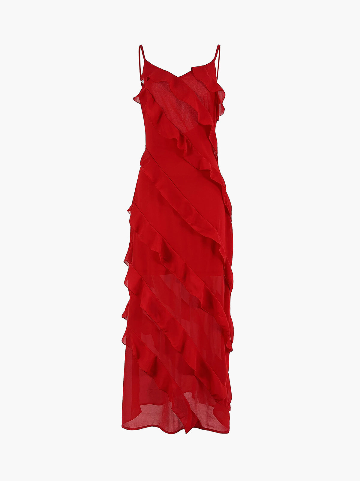 Gefüttertes Chiffonkleid Mit Seilträgern Und Rüschendetail