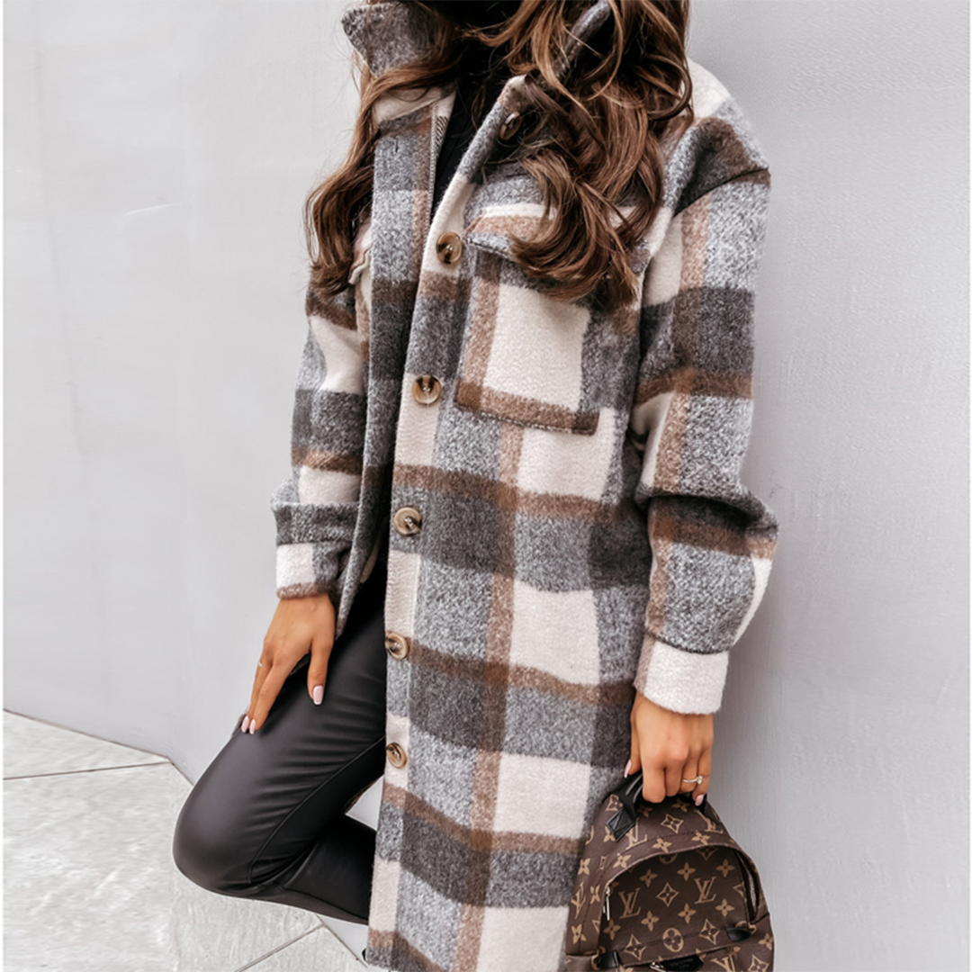 Elegante Karojacke İm Longshirt-Stil Für Damen