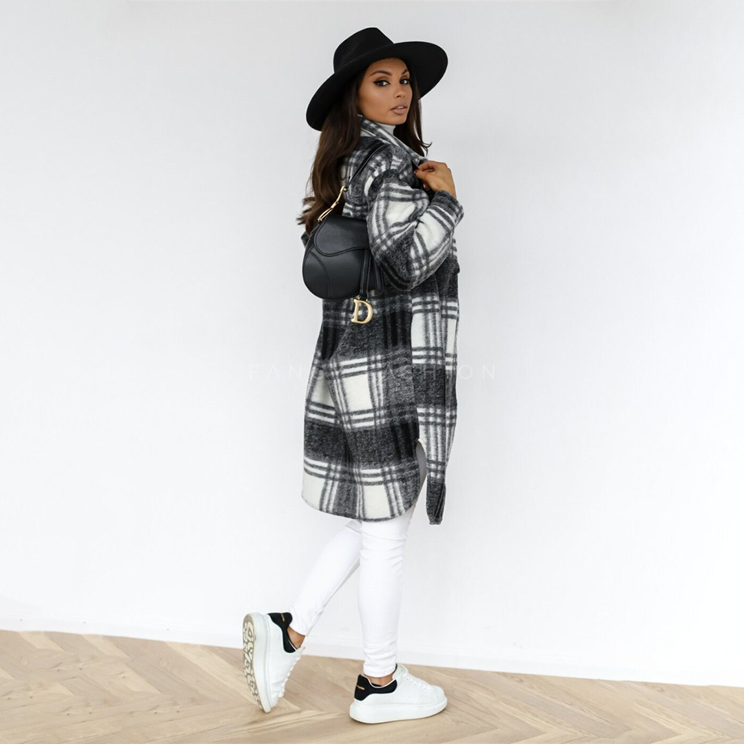 Elegante Karojacke İm Longshirt-Stil Für Damen