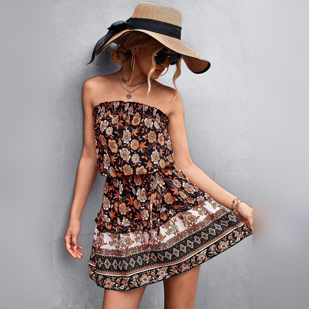 Elegantes Gemustertes Schulterfreies Minikleid