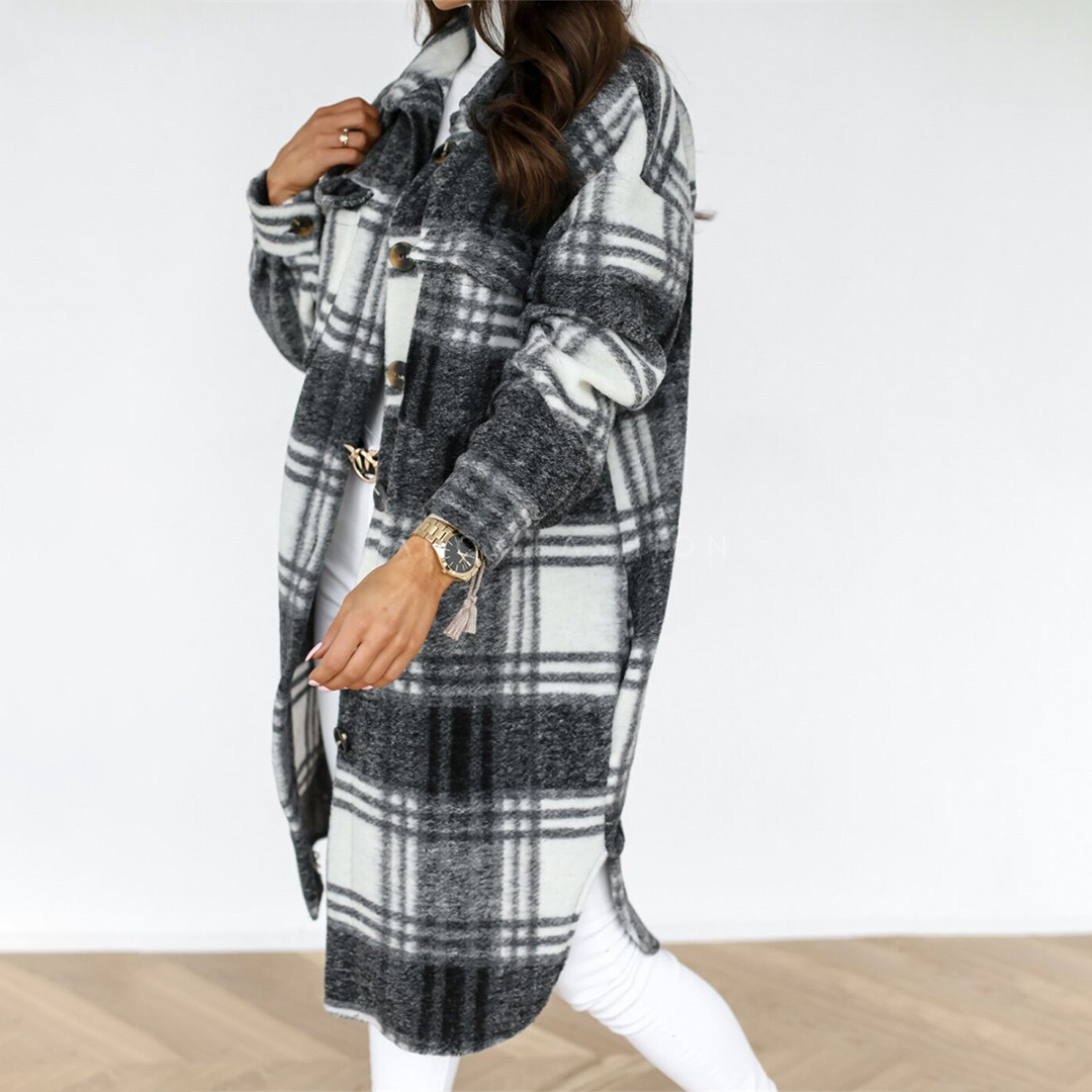 Elegante Karojacke İm Longshirt-Stil Für Damen