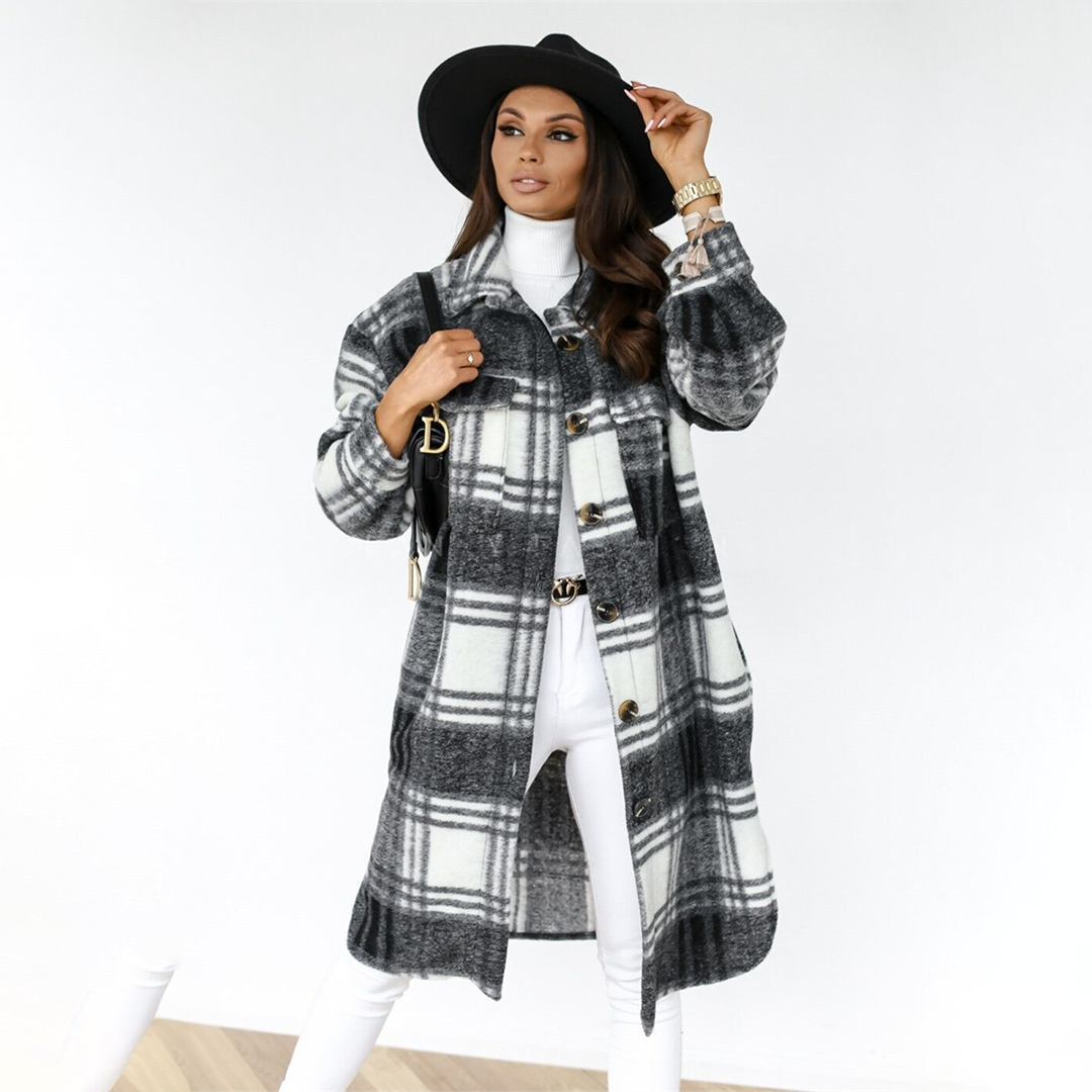 Elegante Karojacke İm Longshirt-Stil Für Damen
