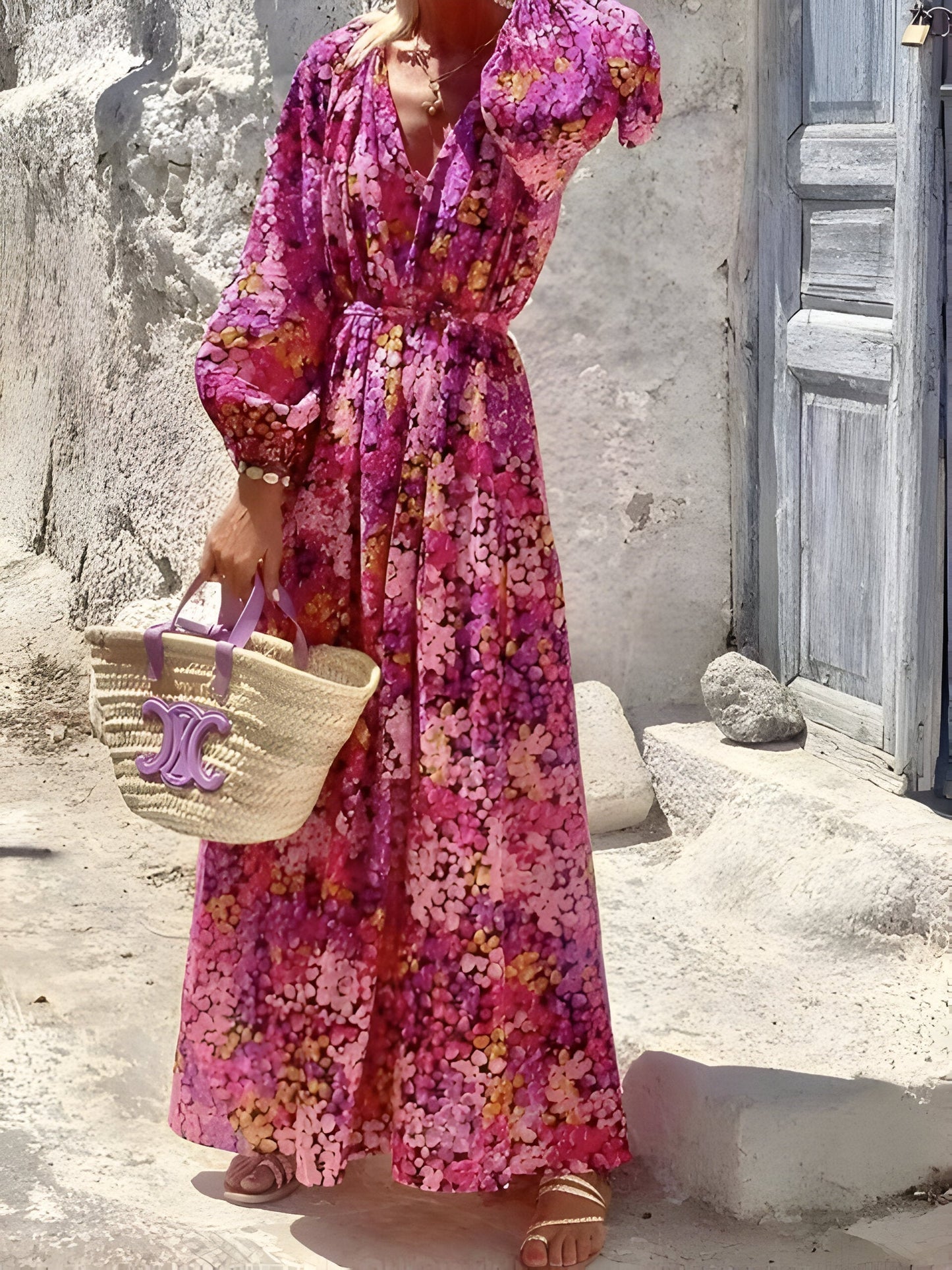 Gemustertes Midikleid Mit V-Ausschnitt
