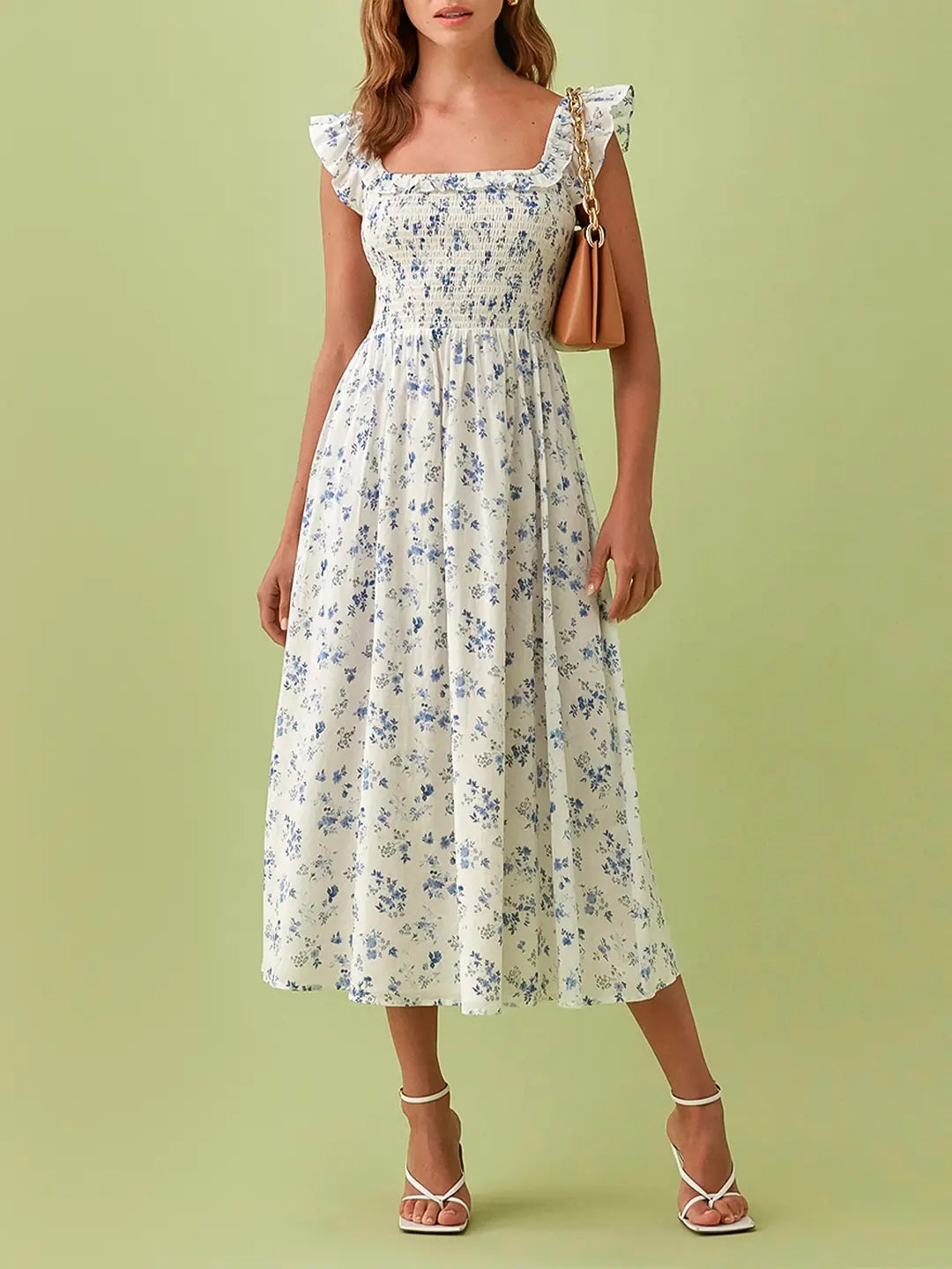 Stilvolles Gemustertes Midikleid Mit Quadratischem Ausschnitt