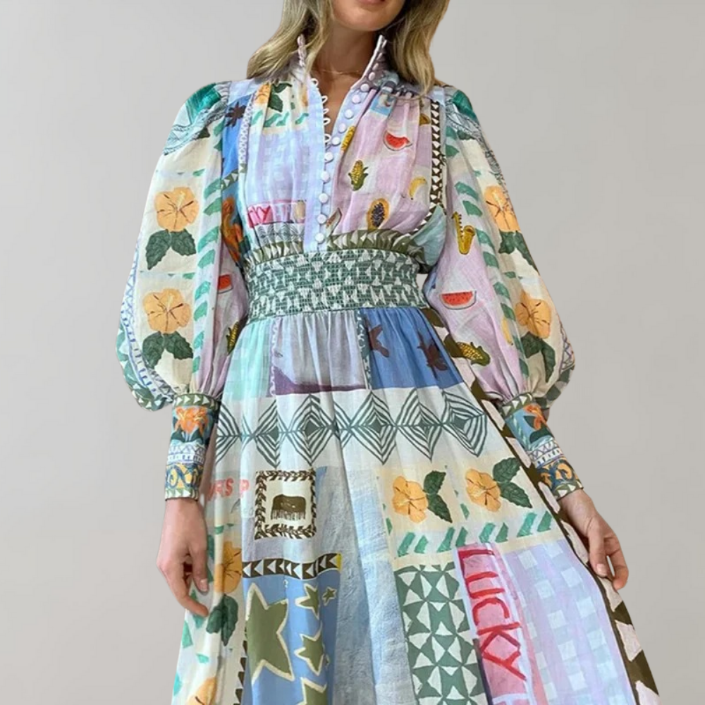 Traditionelles Midikleid Mit V-Ausschnitt Und Langen Ärmeln