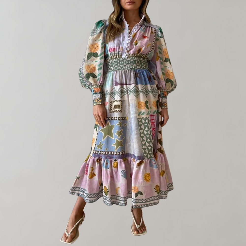 Traditionelles Midikleid Mit V-Ausschnitt Und Langen Ärmeln