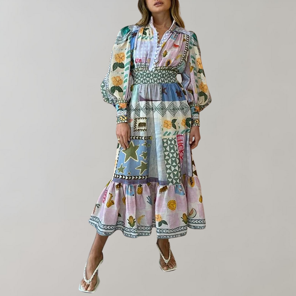 Traditionelles Midikleid Mit V-Ausschnitt Und Langen Ärmeln