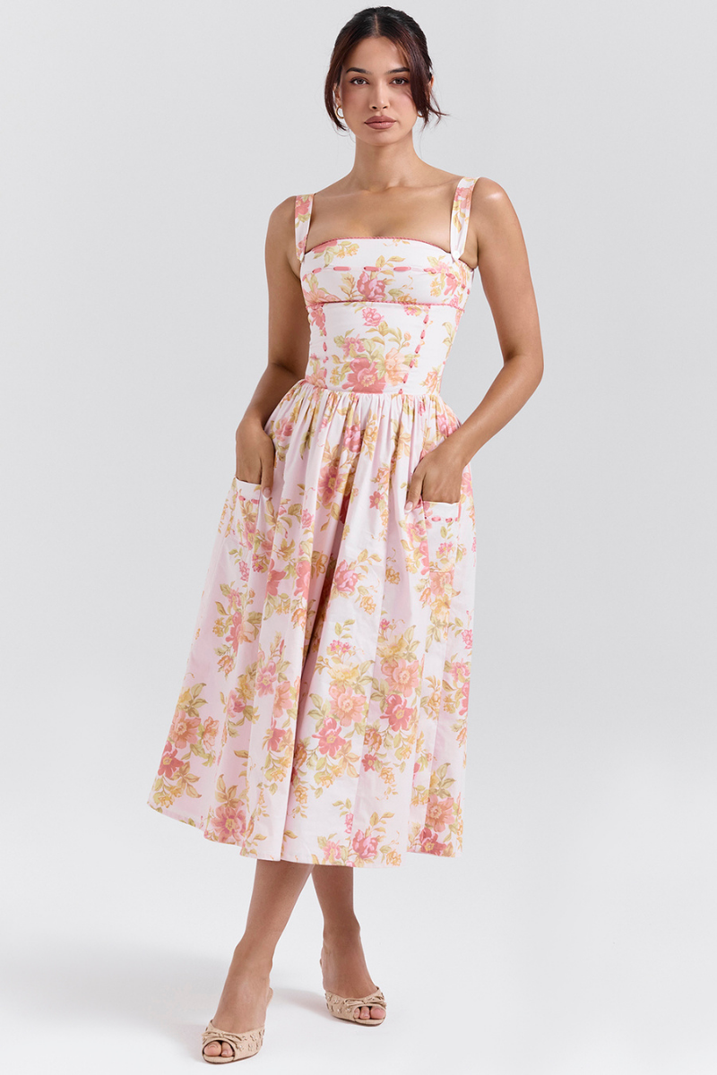 Pfirsichfarbenes Midikleid Mit Blumenmuster
