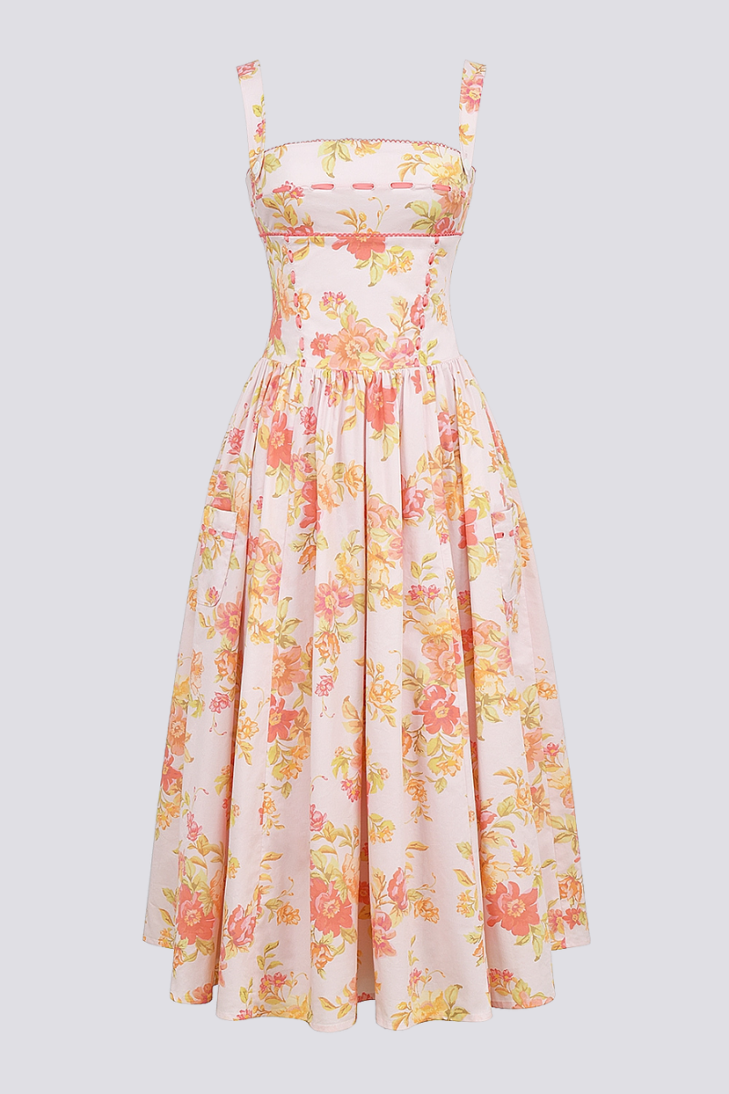 Pfirsichfarbenes Midikleid Mit Blumenmuster