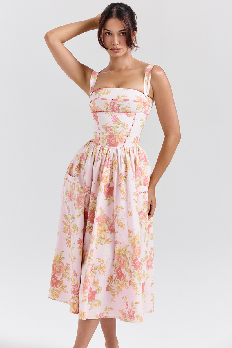 Pfirsichfarbenes Midikleid Mit Blumenmuster