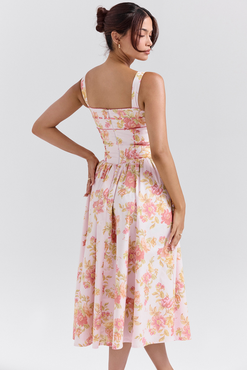 Pfirsichfarbenes Midikleid Mit Blumenmuster