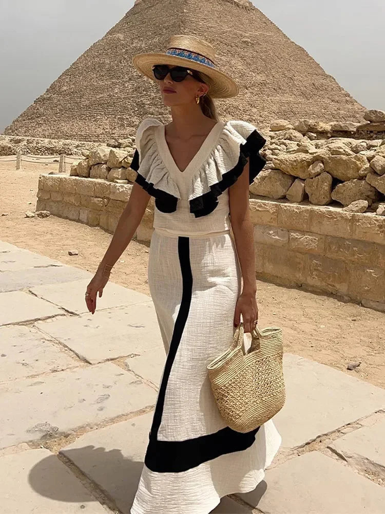 Maxikleid Mit Rüschenmuster Und V-Ausschnitt