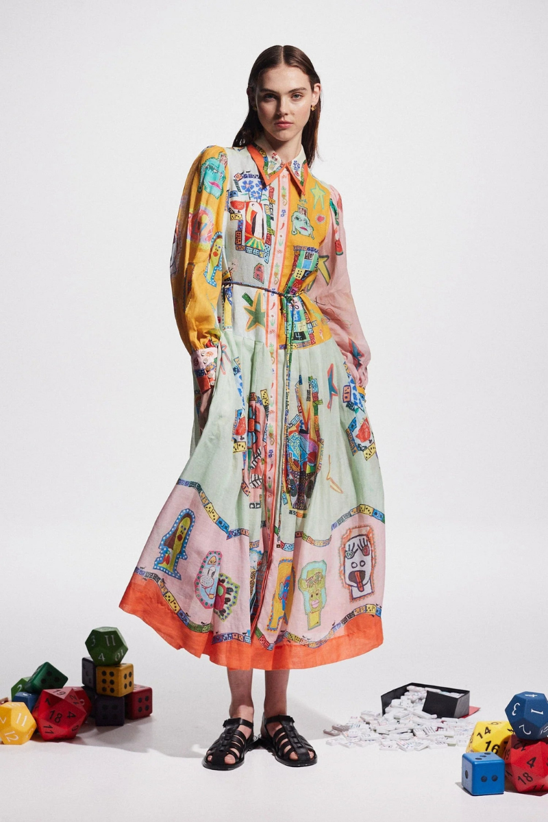 Patchwork-Maxikleid Mit Ballonärmeln Und Klassischem Hemdkragen