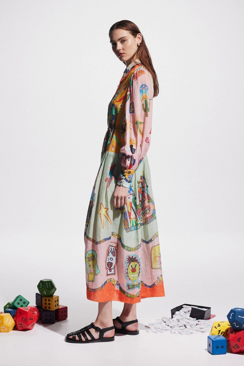 Patchwork-Maxikleid Mit Ballonärmeln Und Klassischem Hemdkragen