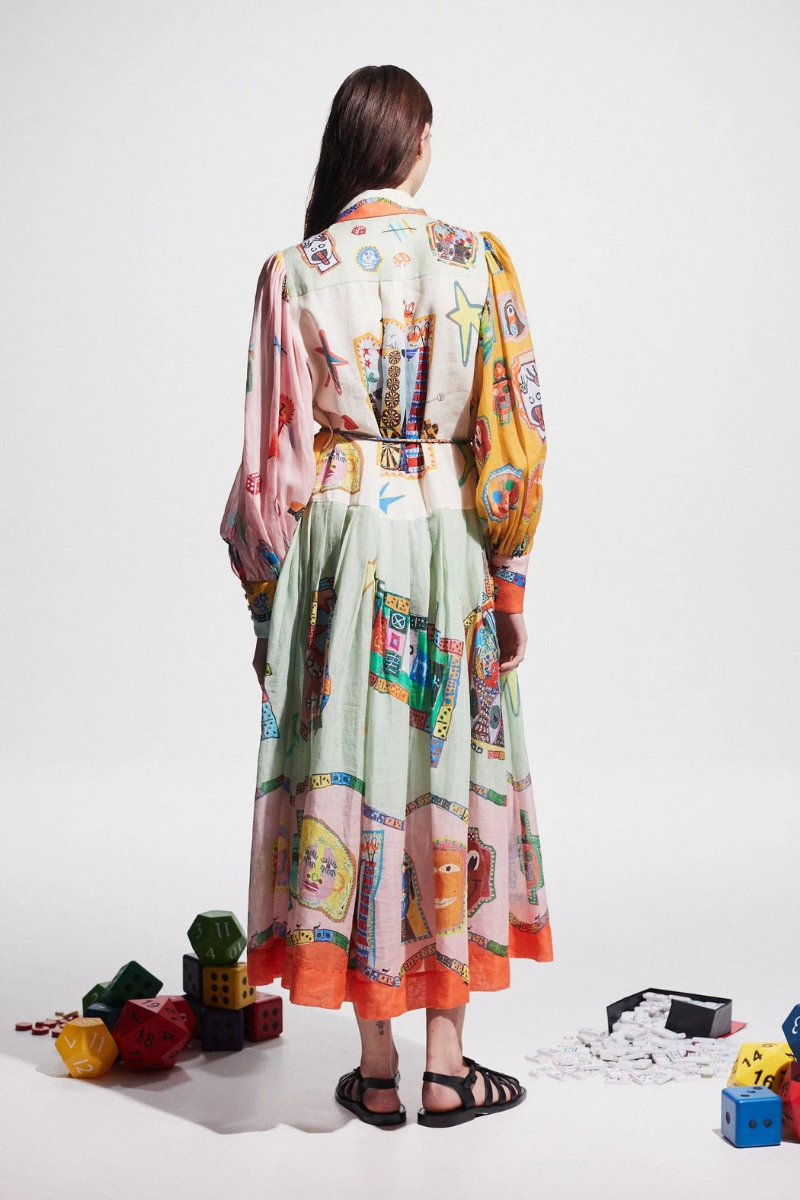 Patchwork-Maxikleid Mit Ballonärmeln Und Klassischem Hemdkragen