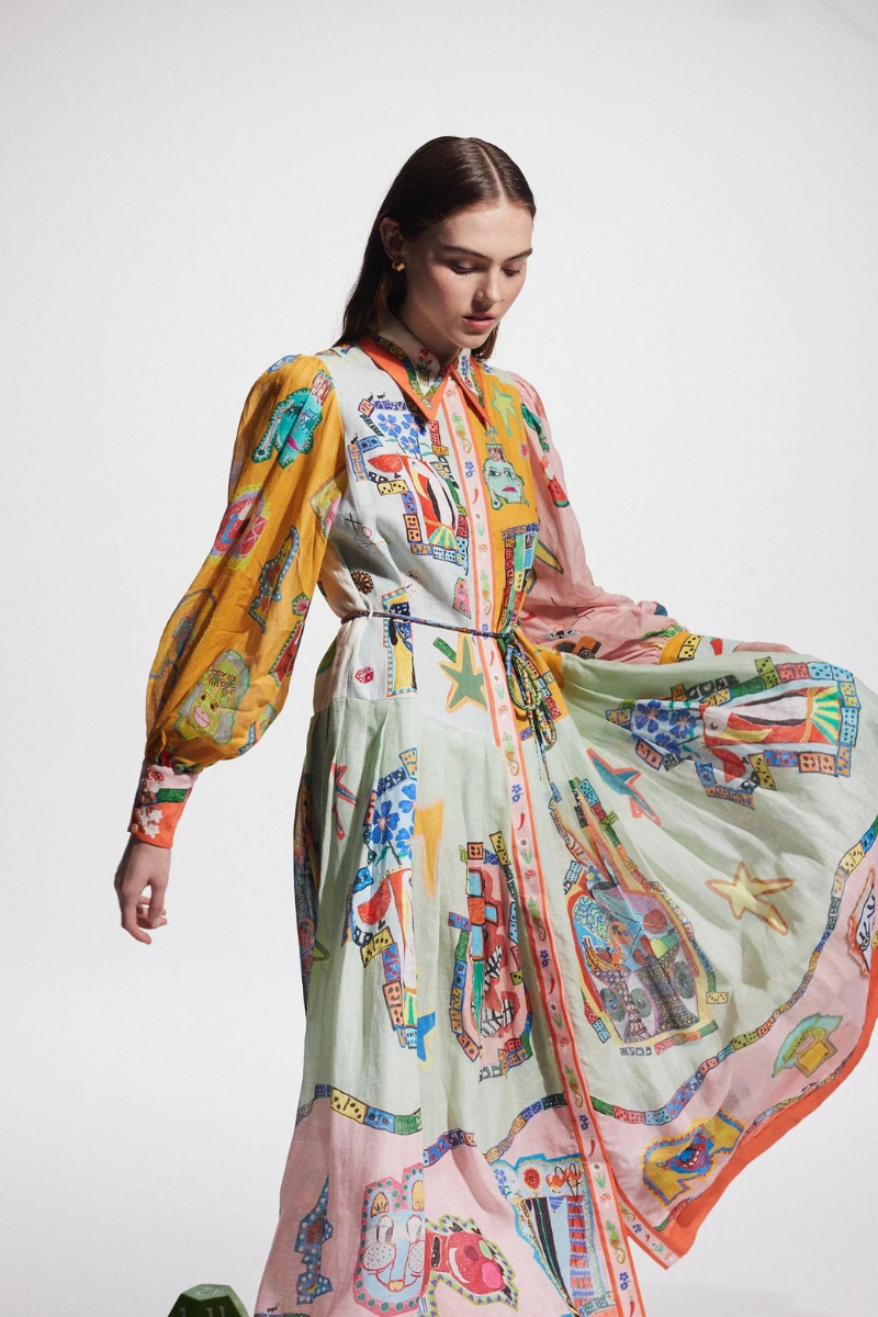 Patchwork-Maxikleid Mit Ballonärmeln Und Klassischem Hemdkragen
