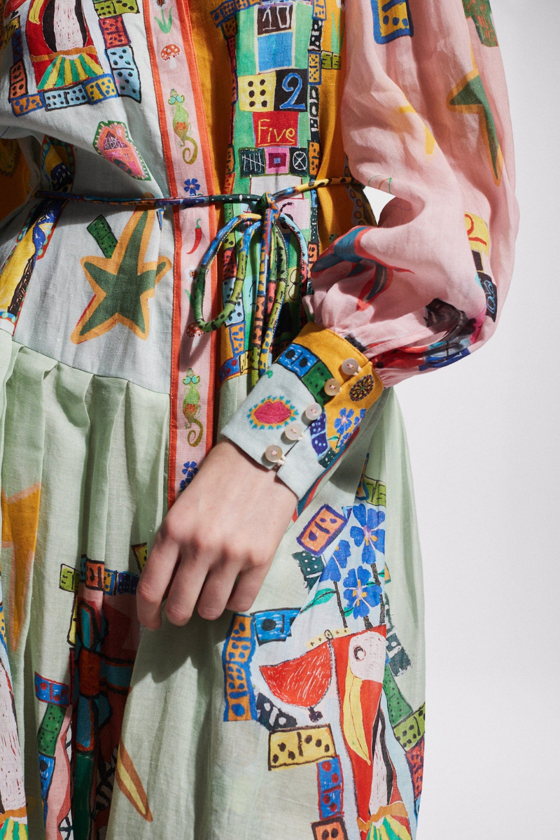 Patchwork-Maxikleid Mit Ballonärmeln Und Klassischem Hemdkragen