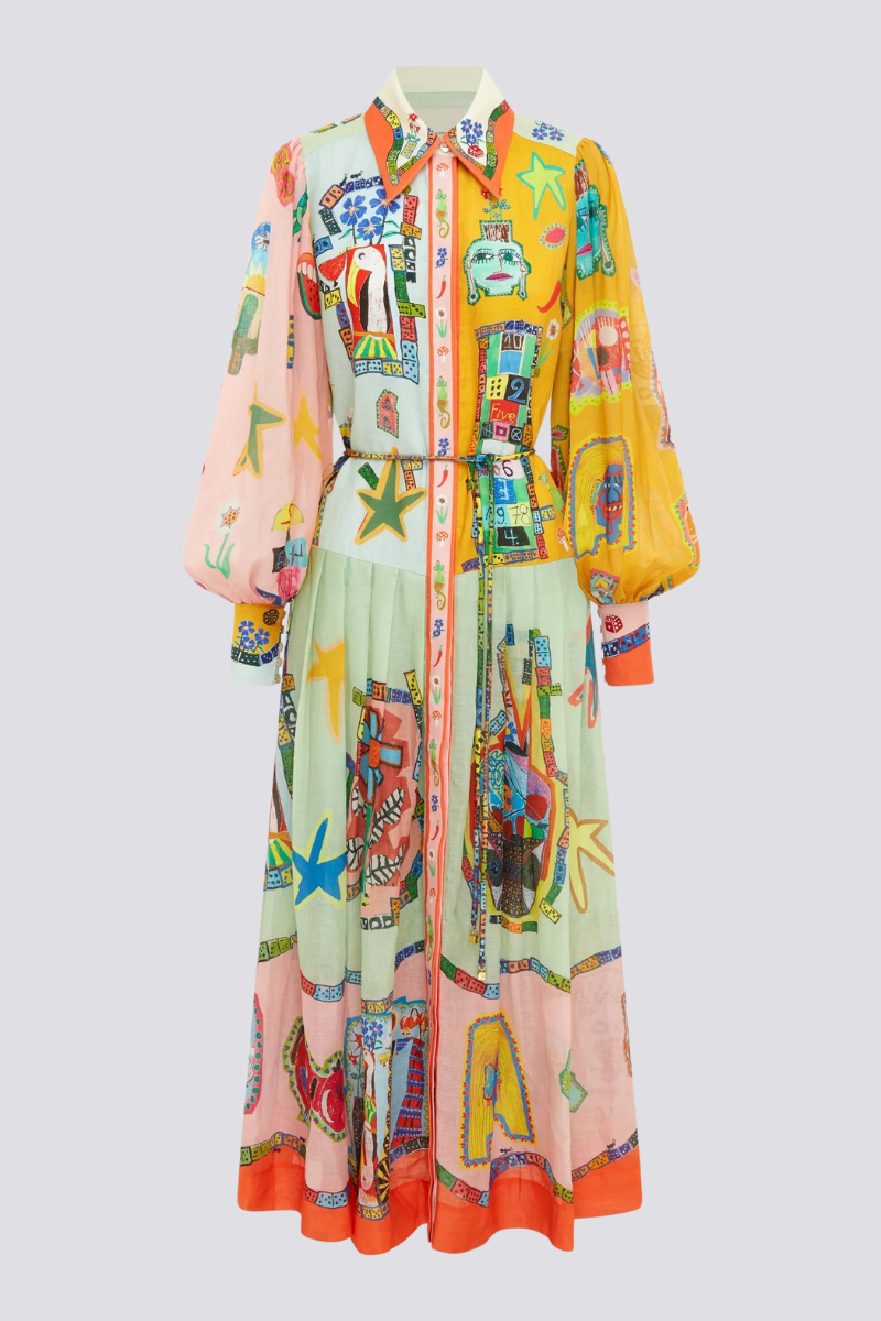 Patchwork-Maxikleid Mit Ballonärmeln Und Klassischem Hemdkragen