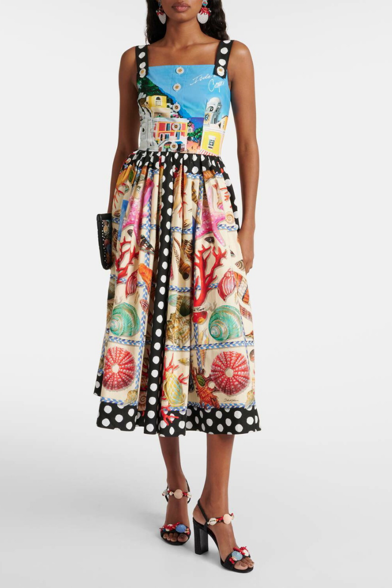 Midikleid Mit Quadratischem Ausschnitt Und Punktmuster