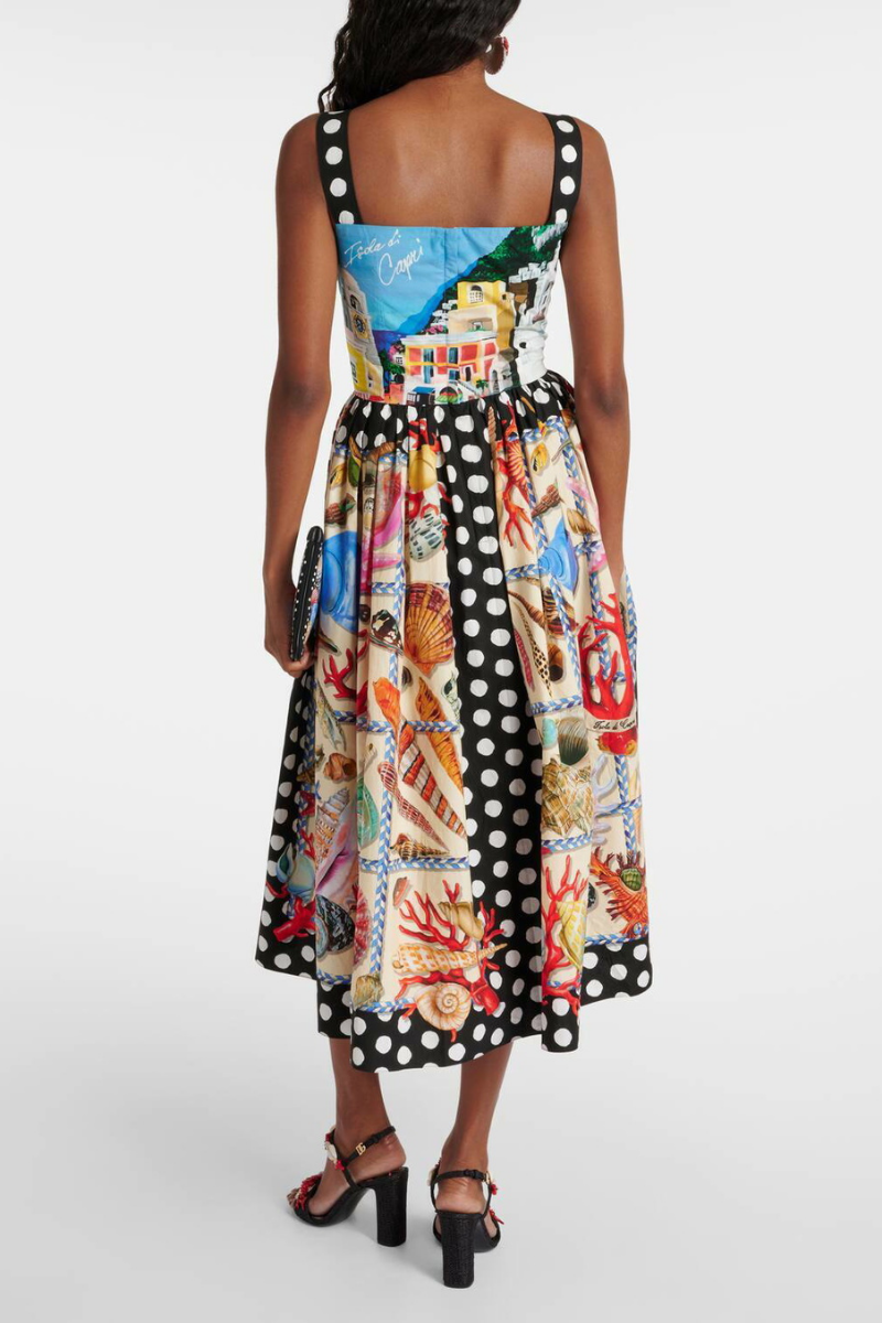 Midikleid Mit Quadratischem Ausschnitt Und Punktmuster