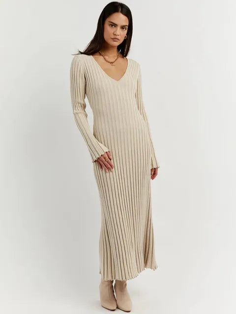 Elegantes Midikleid, Gerippter V-Ausschnitt