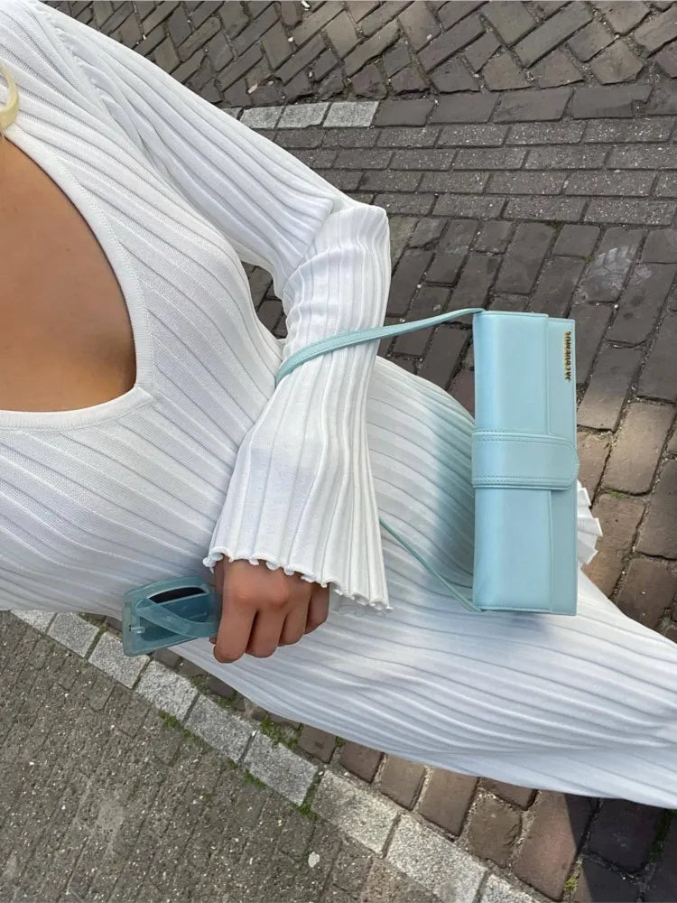 Elegantes Midikleid, Gerippter V-Ausschnitt