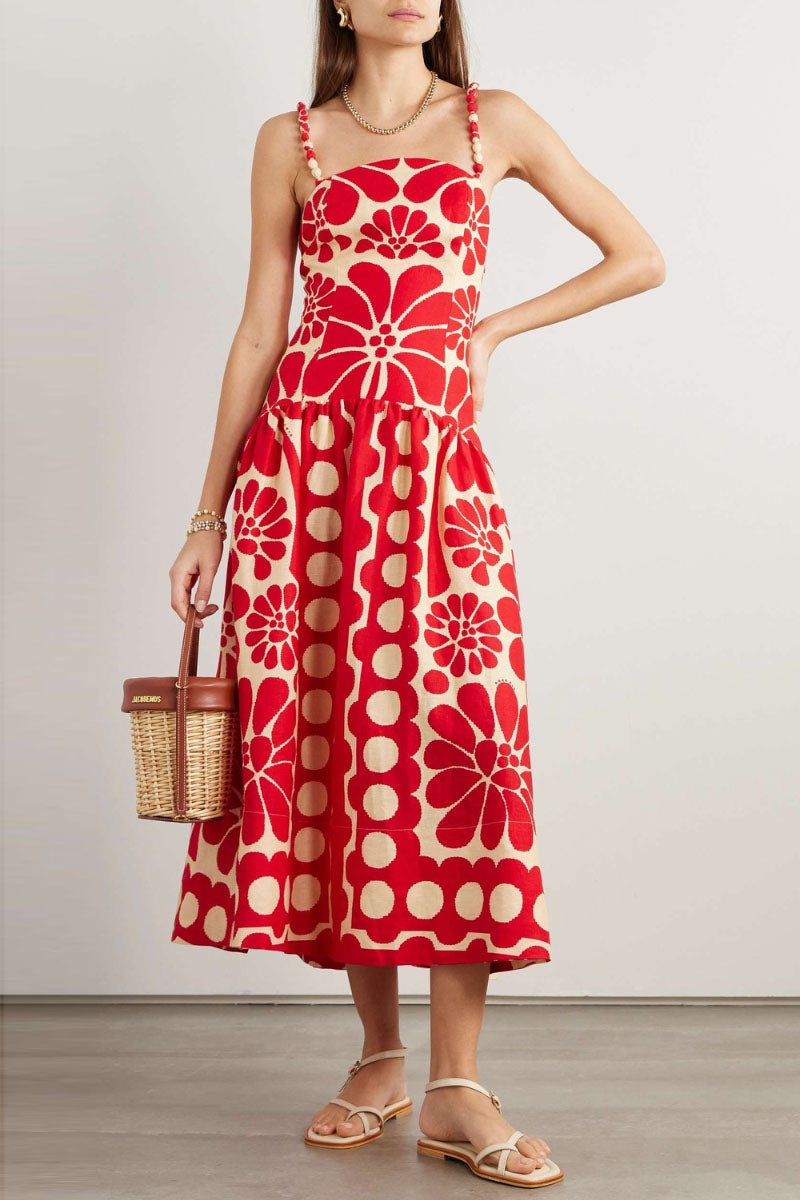 Maxikleid Mit Spaghettiträgern Und Blumenmuster İn Rot