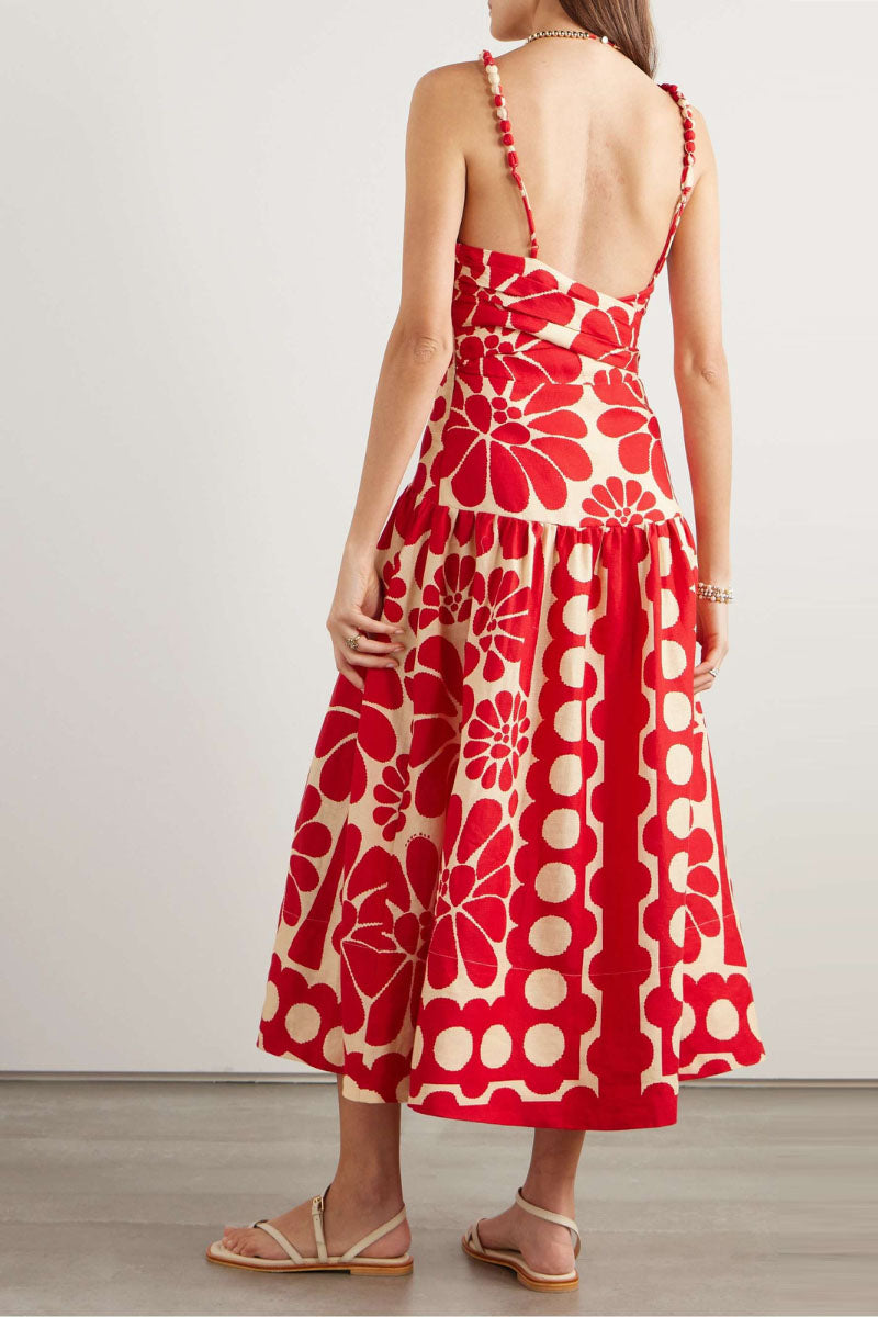 Maxikleid Mit Spaghettiträgern Und Blumenmuster İn Rot
