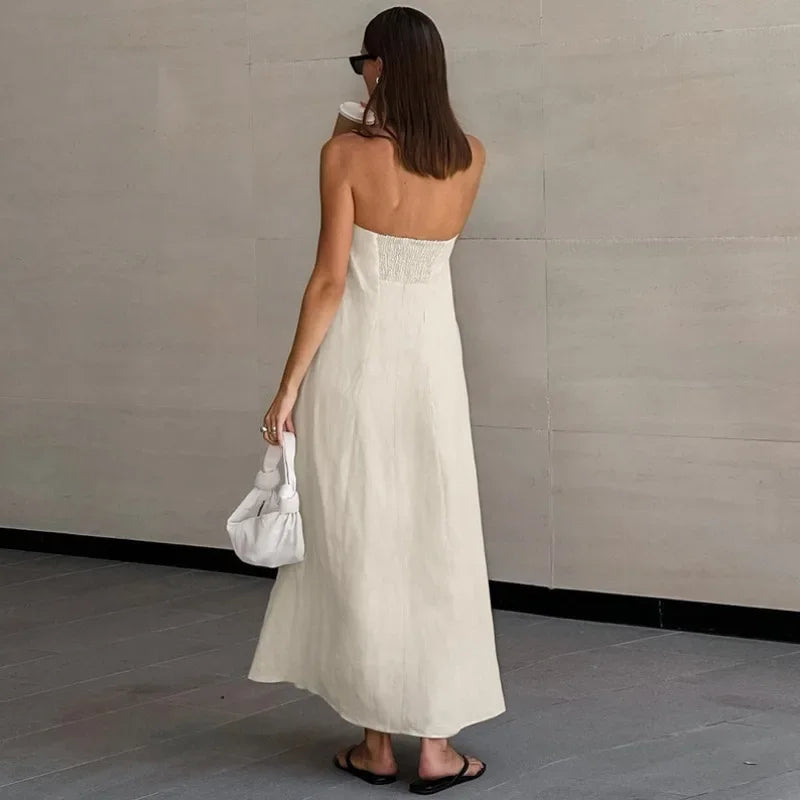 Khakifarbenes A-Linien-Kleid Aus Leinen Mit Taschen