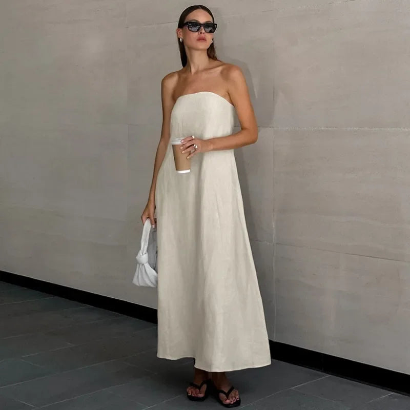 Khakifarbenes A-Linien-Kleid Aus Leinen Mit Taschen