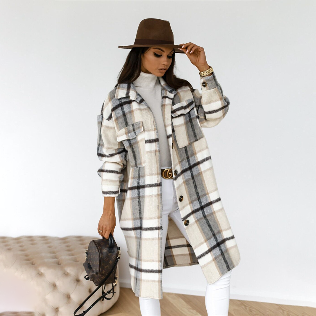 Elegante Karojacke İm Longshirt-Stil Für Damen
