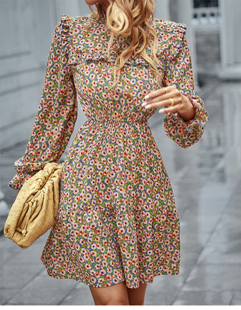 Langärmliges Midikleid Mit Rundhalsausschnitt Und Blumenmuster