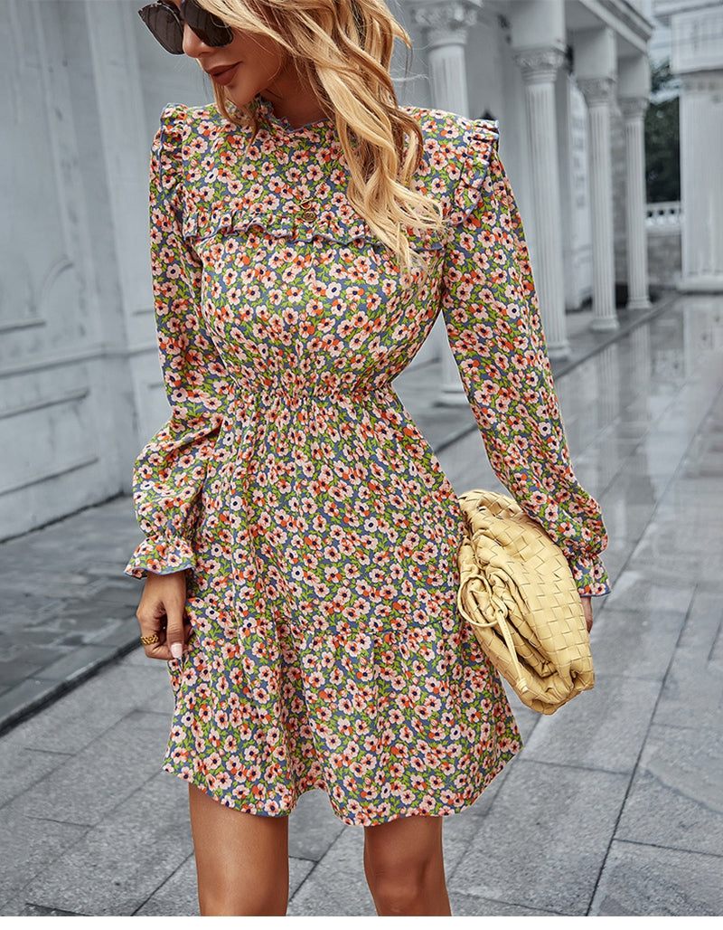 Langärmliges Midikleid Mit Rundhalsausschnitt Und Blumenmuster