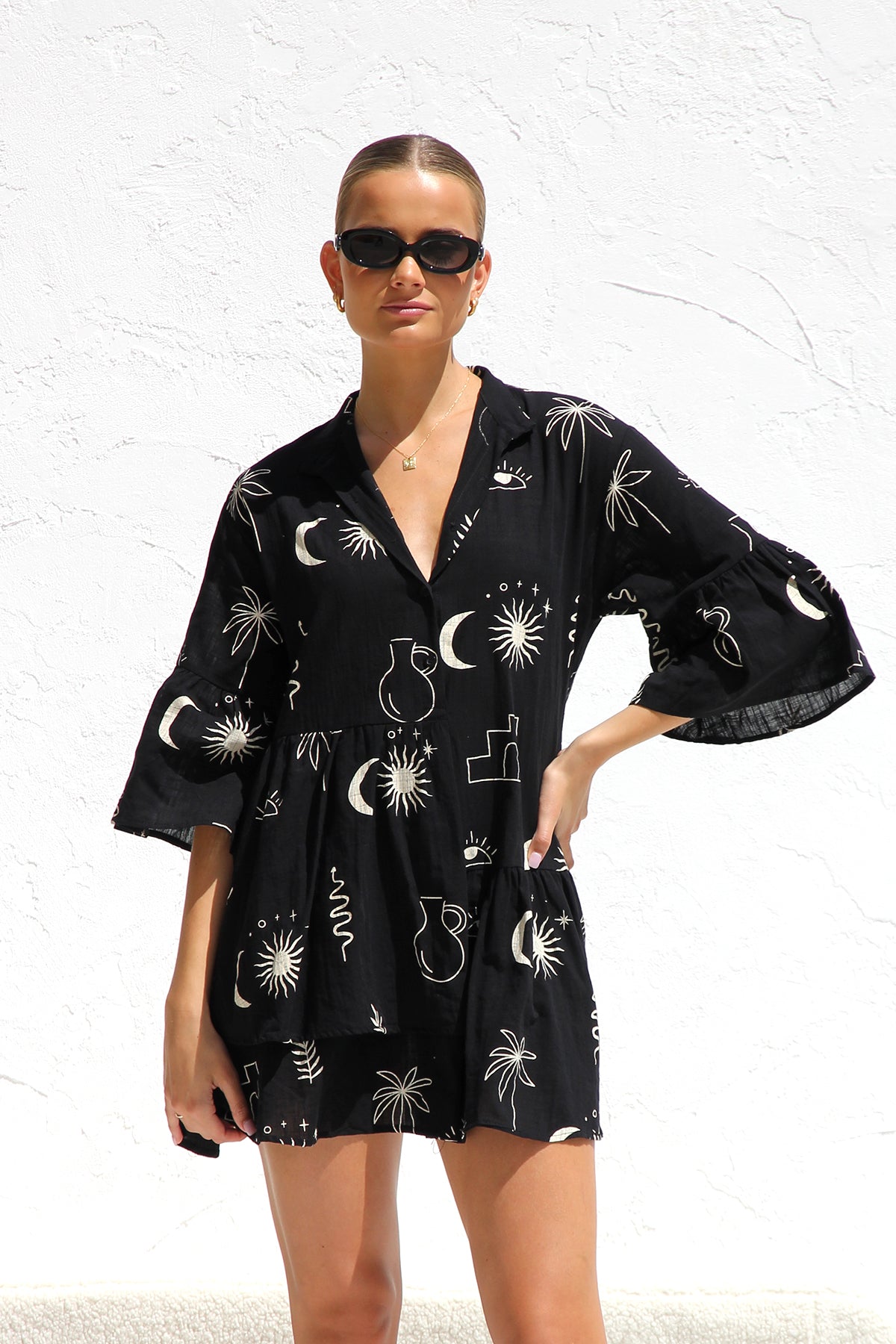Beiges Gemustertes Oversize-Hängerkleid